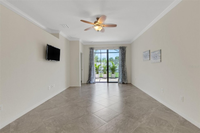 9823 Haze Dr, Venice, FL 34292 - empty room featuring a ceiling fan, crown molding, baseboards, and light tile patterned floors
