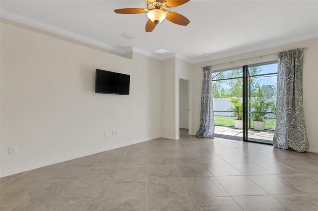 9823 Haze Dr, Venice, FL 34292 - spare room with crown molding, a ceiling fan, baseboards, and light tile patterned floors