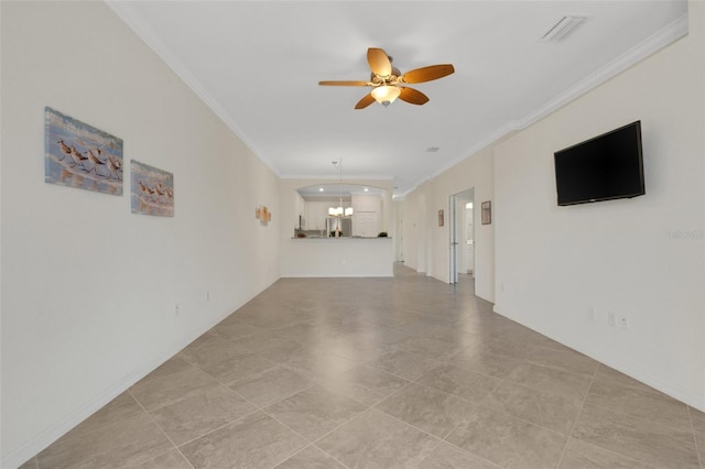 9823 Haze Dr, Venice, FL 34292 - unfurnished living room featuring ornamental molding, a ceiling fan, light tile patterned flooring, and a chandelier