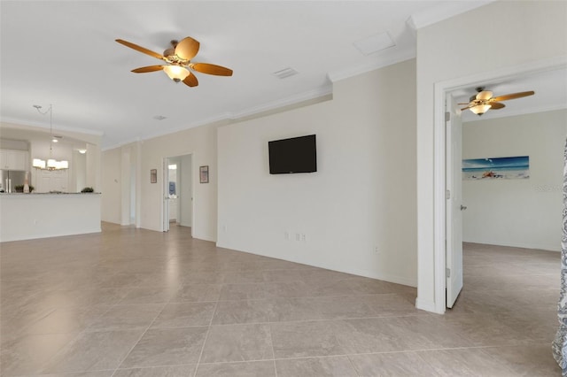 9823 Haze Dr, Venice, FL 34292 - unfurnished living room with crown molding, a ceiling fan, light tile patterned floors, and a chandelier