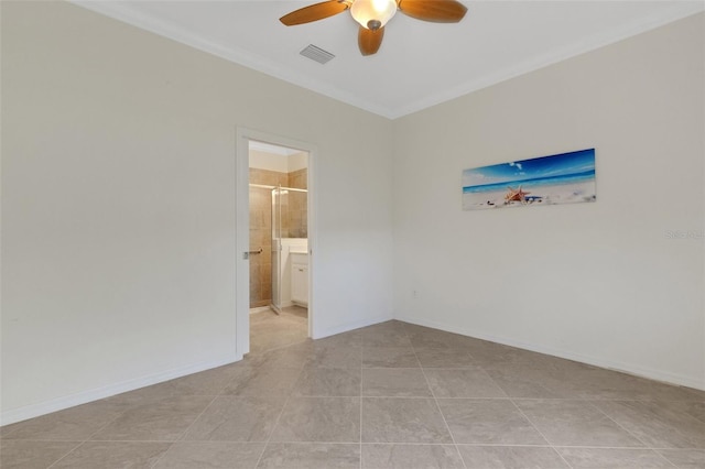 9823 Haze Dr, Venice, FL 34292 - spare room with a ceiling fan, light tile patterned floors, crown molding, and baseboards