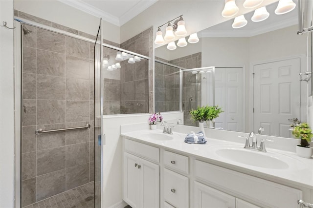 9823 Haze Dr, Venice, FL 34292 - full bath featuring double vanity, a shower stall, and crown molding
