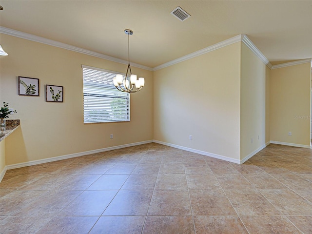 empty room featuring ornamental molding, a chandelier, light tile patterned floors, and baseboards