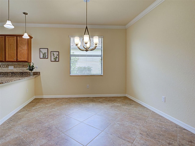 unfurnished dining area featuring a chandelier, light tile patterned flooring, ornamental molding, and baseboards
