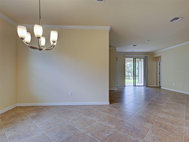 spare room with ornamental molding, light tile patterned flooring, a chandelier, and baseboards