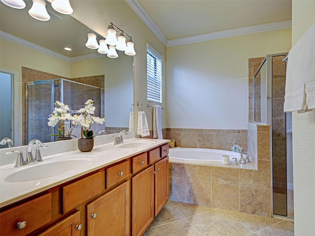 full bath featuring a stall shower, tile patterned flooring, a garden tub, ornamental molding, and double vanity