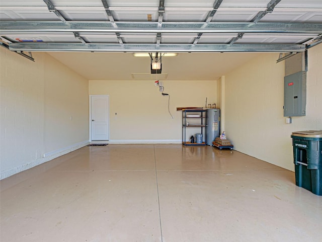 garage with electric panel, a garage door opener, and water heater