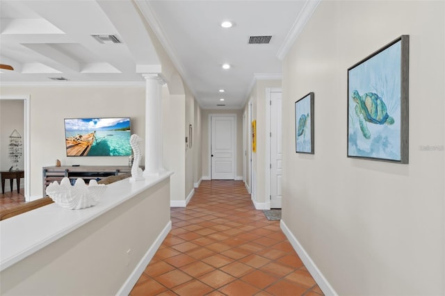 63 Palm Dr, Placida, FL 33946 - hall with crown molding, decorative columns, recessed lighting, baseboards, and light tile patterned flooring