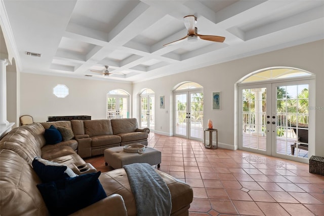 63 Palm Dr, Placida, FL 33946 - living area featuring french doors, a ceiling fan, coffered ceiling, baseboards, and light tile patterned floors