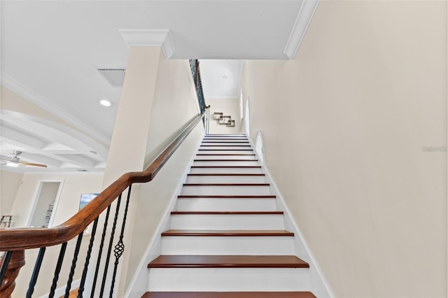 63 Palm Dr, Placida, FL 33946 - stairway featuring crown molding, recessed lighting, a ceiling fan, and beam ceiling