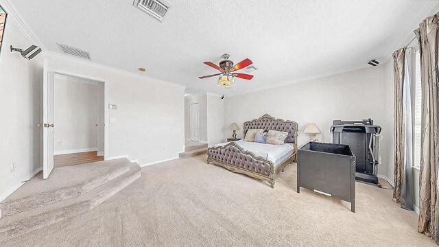 632 Tanana Fall Dr, Ruskin, FL 33570 - bedroom with light colored carpet, ornamental molding, baseboards, a textured ceiling, and ceiling fan