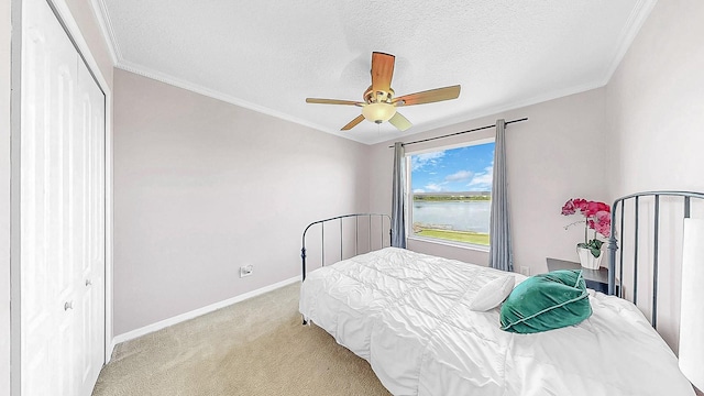 632 Tanana Fall Dr, Ruskin, FL 33570 - bedroom with light colored carpet, ornamental molding, baseboards, a water view, and a closet