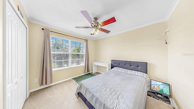 632 Tanana Fall Dr, Ruskin, FL 33570 - carpeted bedroom with crown molding, baseboards, a ceiling fan, a closet, and a textured ceiling