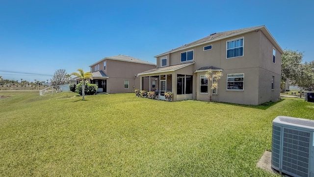 632 Tanana Fall Dr, Ruskin, FL 33570 - rear view of property with central AC, stucco siding, and a lawn