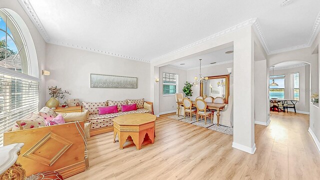 632 Tanana Fall Dr, Ruskin, FL 33570 - living area with wood finished floors, arched walkways, healthy amount of natural light, ornamental molding, and baseboards