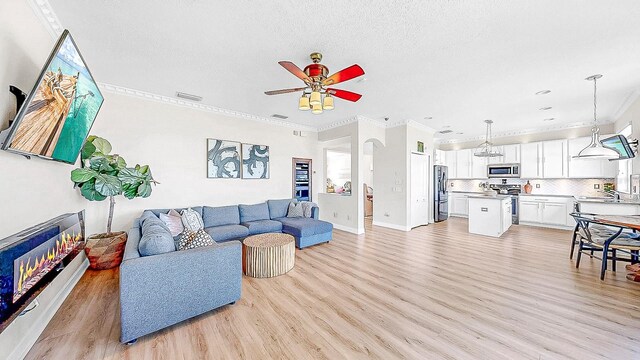 632 Tanana Fall Dr, Ruskin, FL 33570 - living area featuring light wood-style flooring, ceiling fan, ornamental molding, baseboards, and a textured ceiling