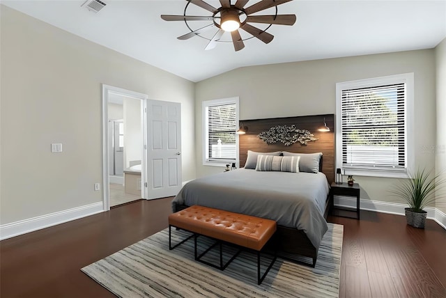 4305 Heyward St, North Port, FL 34291 - bedroom with baseboards, vaulted ceiling, wood finished floors, ensuite bathroom, and ceiling fan