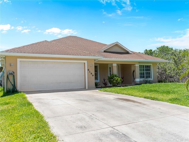 6199 Stamp St, Port Charlotte, FL 33981 - ranch-style house featuring stucco siding, driveway, a front yard, an attached garage, and a shingled roof