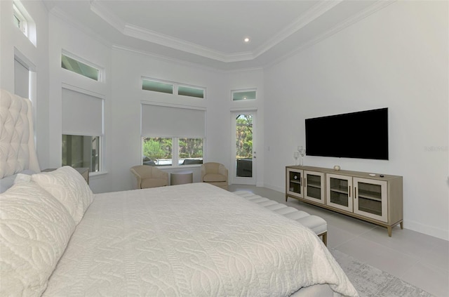 9048 Luna Ln, Sarasota, FL 34241 - bedroom featuring crown molding, light tile patterned floors, access to exterior, a high ceiling, and baseboards
