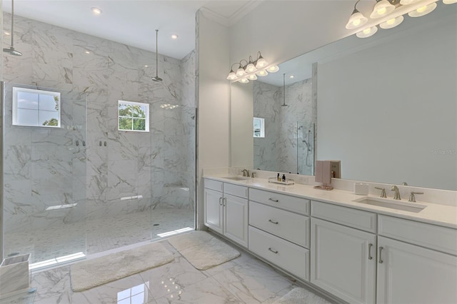 9048 Luna Ln, Sarasota, FL 34241 - full bathroom featuring a marble finish shower, double vanity, marble finish flooring, ornamental molding, and recessed lighting
