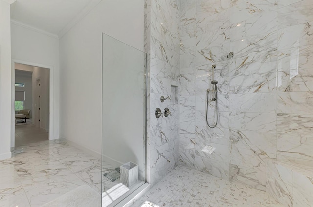 9048 Luna Ln, Sarasota, FL 34241 - full bathroom featuring ornamental molding, a marble finish shower, marble finish floors, and baseboards