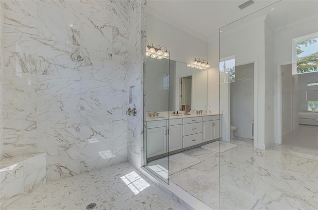 9048 Luna Ln, Sarasota, FL 34241 - bathroom with crown molding, marble finish flooring, walk in shower, toilet, and vanity