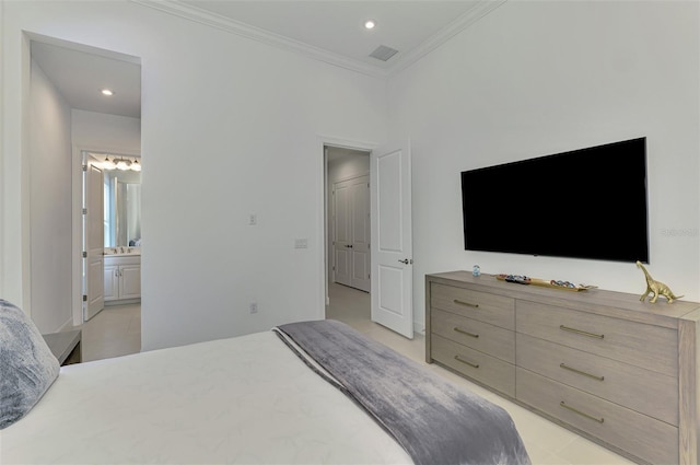 9048 Luna Ln, Sarasota, FL 34241 - bedroom featuring crown molding, ensuite bathroom, and recessed lighting