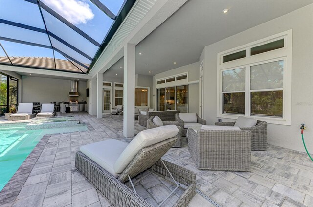 9048 Luna Ln, Sarasota, FL 34241 - view of patio / terrace with outdoor lounge area, a pool with connected hot tub, and glass enclosure