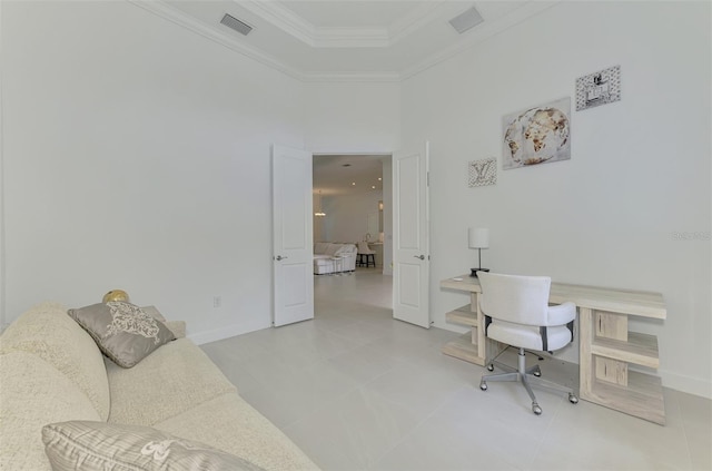 9048 Luna Ln, Sarasota, FL 34241 - office space featuring ornamental molding, baseboards, tile patterned floors, and a towering ceiling