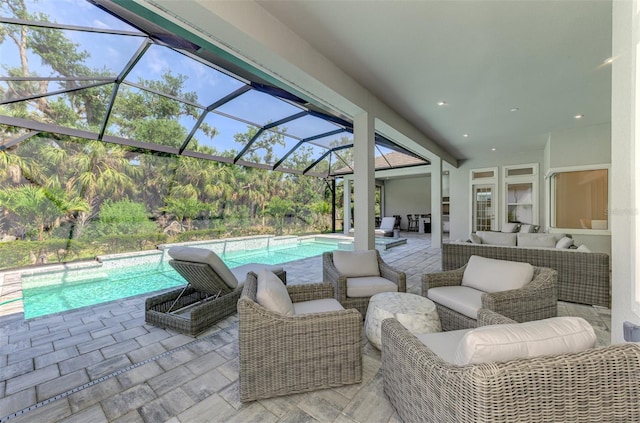 9048 Luna Ln, Sarasota, FL 34241 - view of patio featuring an outdoor living space, an outdoor pool, and glass enclosure