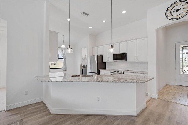 kitchen with stainless steel appliances, a sink, light wood-style flooring, tasteful backsplash, and a peninsula