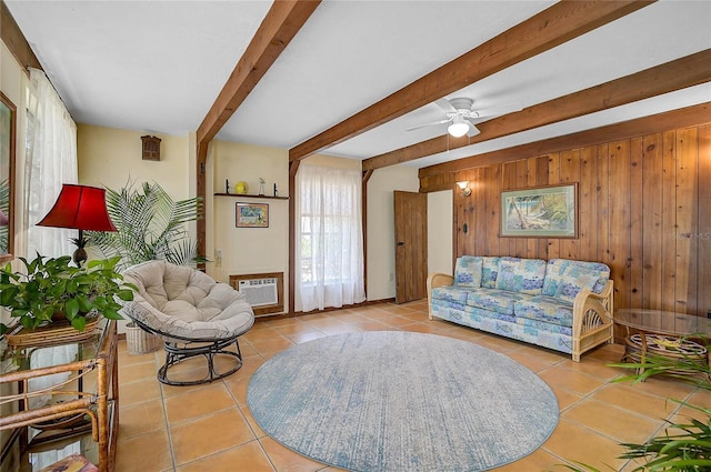 417 Shore Rd Unit A & B, Nokomis, FL 34275 - living area featuring tile patterned floors, beam ceiling, wooden walls, a wall unit AC, and ceiling fan