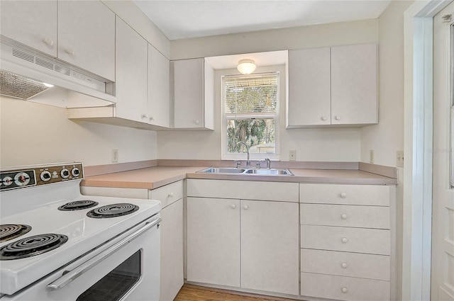 417 Shore Rd Unit A & B, Nokomis, FL 34275 - kitchen featuring white electric range oven, under cabinet range hood, a sink, light countertops, and white cabinets