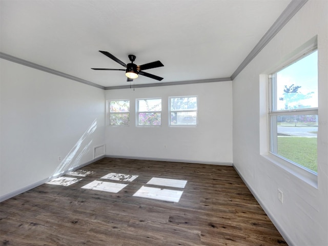 6231 Jordan St, North Port, FL 34287 - empty room featuring healthy amount of natural light, ornamental molding, ceiling fan, baseboards, and wood finished floors