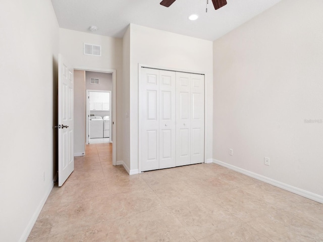 1493 Maseno Dr, Venice, FL 34292 - unfurnished bedroom featuring independent washer and dryer, baseboards, a closet, ceiling fan, and light tile patterned flooring