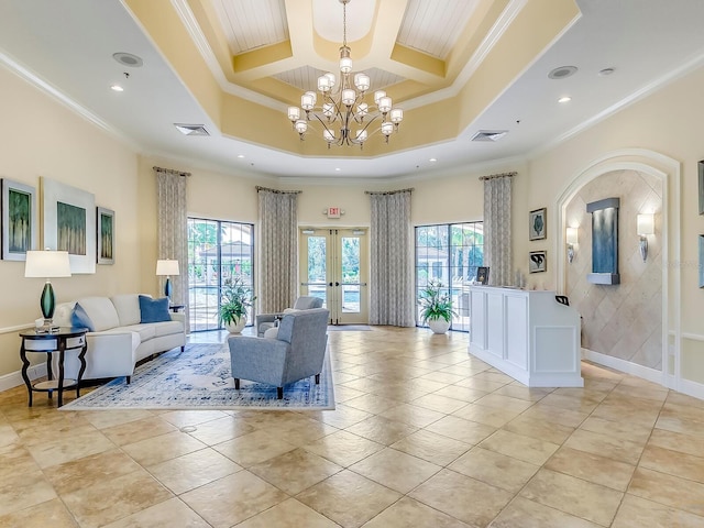 1493 Maseno Dr, Venice, FL 34292 - common area with crown molding, coffered ceiling, a towering ceiling, and recessed lighting