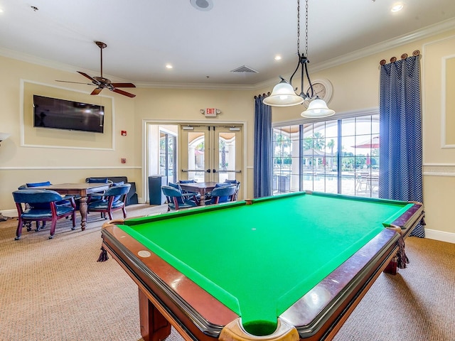 1493 Maseno Dr, Venice, FL 34292 - recreation room featuring carpet flooring, french doors, ornamental molding, pool table, and a ceiling fan
