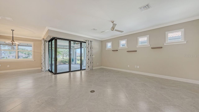 1481 Hyssop Loop, North Port, FL 34289 - spare room featuring ornamental molding, plenty of natural light, baseboards, ceiling fan, and light tile patterned floors