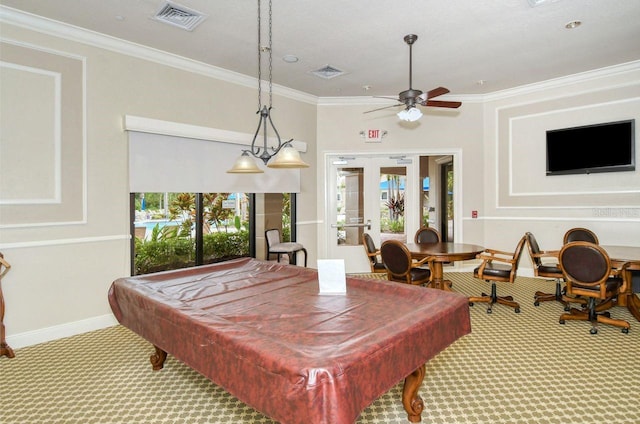 1481 Hyssop Loop, North Port, FL 34289 - game room with carpet, healthy amount of natural light, a ceiling fan, ornamental molding, and billiards table