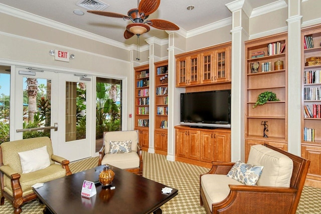 1481 Hyssop Loop, North Port, FL 34289 - living room featuring ceiling fan, ornamental molding, and built in features