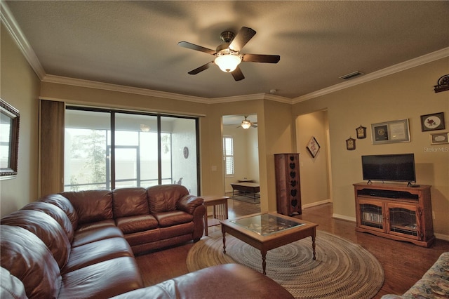 1438 Maseno Dr, Venice, FL 34292 - living area with a ceiling fan, wood finished floors, baseboards, ornamental molding, and a textured ceiling