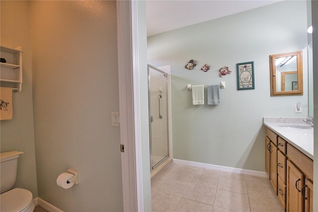 1438 Maseno Dr, Venice, FL 34292 - bathroom with vanity, toilet, a shower stall, tile patterned floors, and baseboards