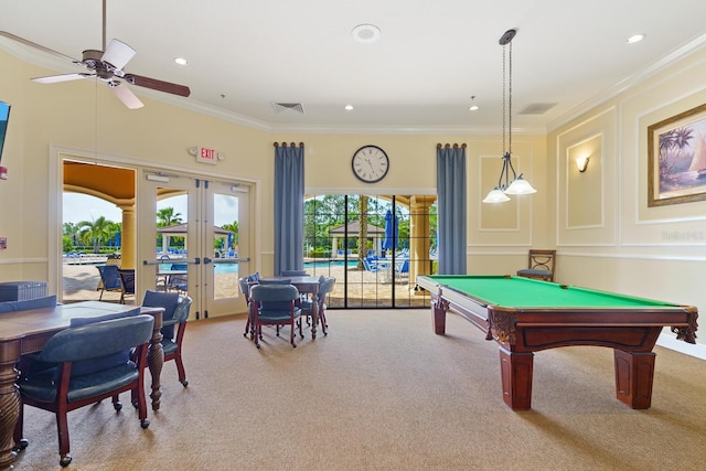 1438 Maseno Dr, Venice, FL 34292 - game room with carpet floors, ornamental molding, french doors, ceiling fan, and billiards