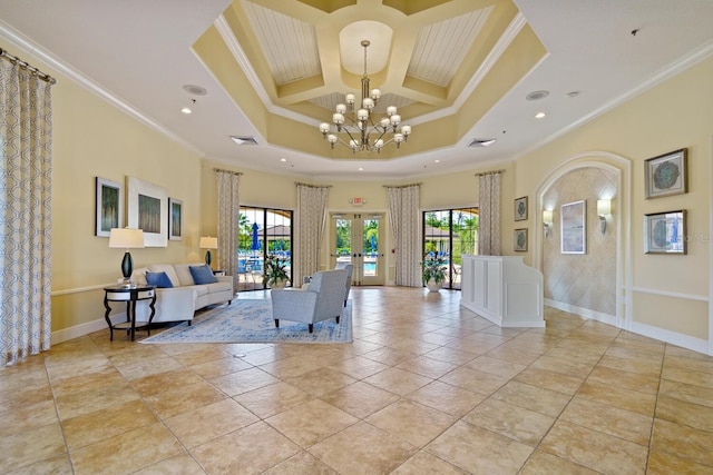 1438 Maseno Dr, Venice, FL 34292 - building lobby featuring ornamental molding, coffered ceiling, recessed lighting, and beamed ceiling