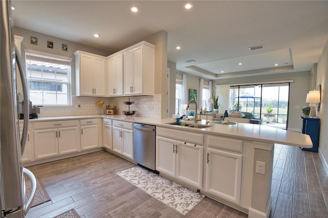 10410 Inglenook Ter, Palmetto, FL 34221 - kitchen featuring stainless steel appliances, a peninsula, a sink, open floor plan, and tasteful backsplash