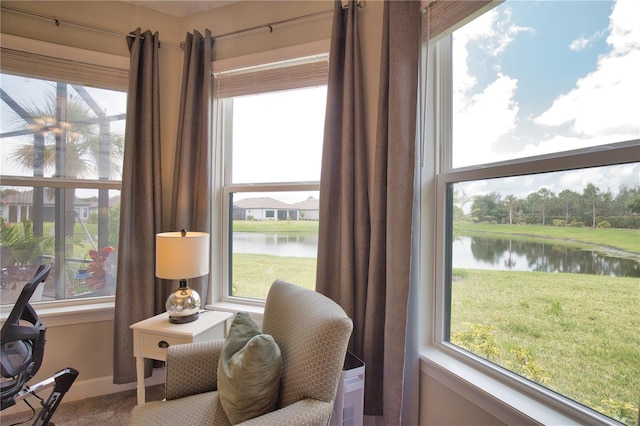 10410 Inglenook Ter, Palmetto, FL 34221 - sitting room featuring a water view, healthy amount of natural light, and carpet