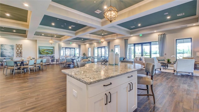 10410 Inglenook Ter, Palmetto, FL 34221 - kitchen with open floor plan, dark wood-style flooring, white cabinets, a kitchen island, and coffered ceiling