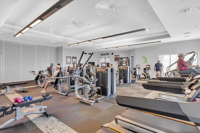 10410 Inglenook Ter, Palmetto, FL 34221 - gym featuring a raised ceiling and ceiling fan