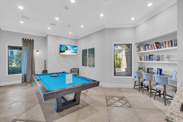 10410 Inglenook Ter, Palmetto, FL 34221 - playroom featuring pool table, plenty of natural light, baseboards, ornamental molding, and recessed lighting
