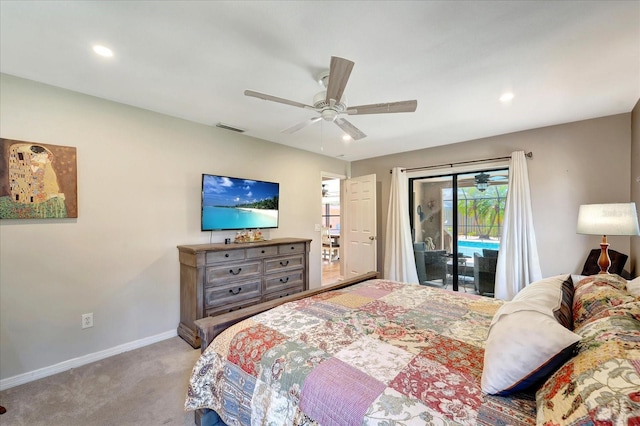 1515 Pecan St, Nokomis, FL 34275 - carpeted bedroom with access to exterior, baseboards, ceiling fan, and recessed lighting